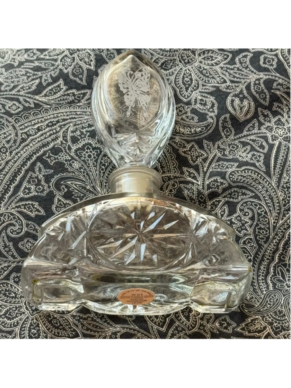 Vintage Avon Moonwind Cologne Butterfly Cut Glass Decanter Bottle 4 oz